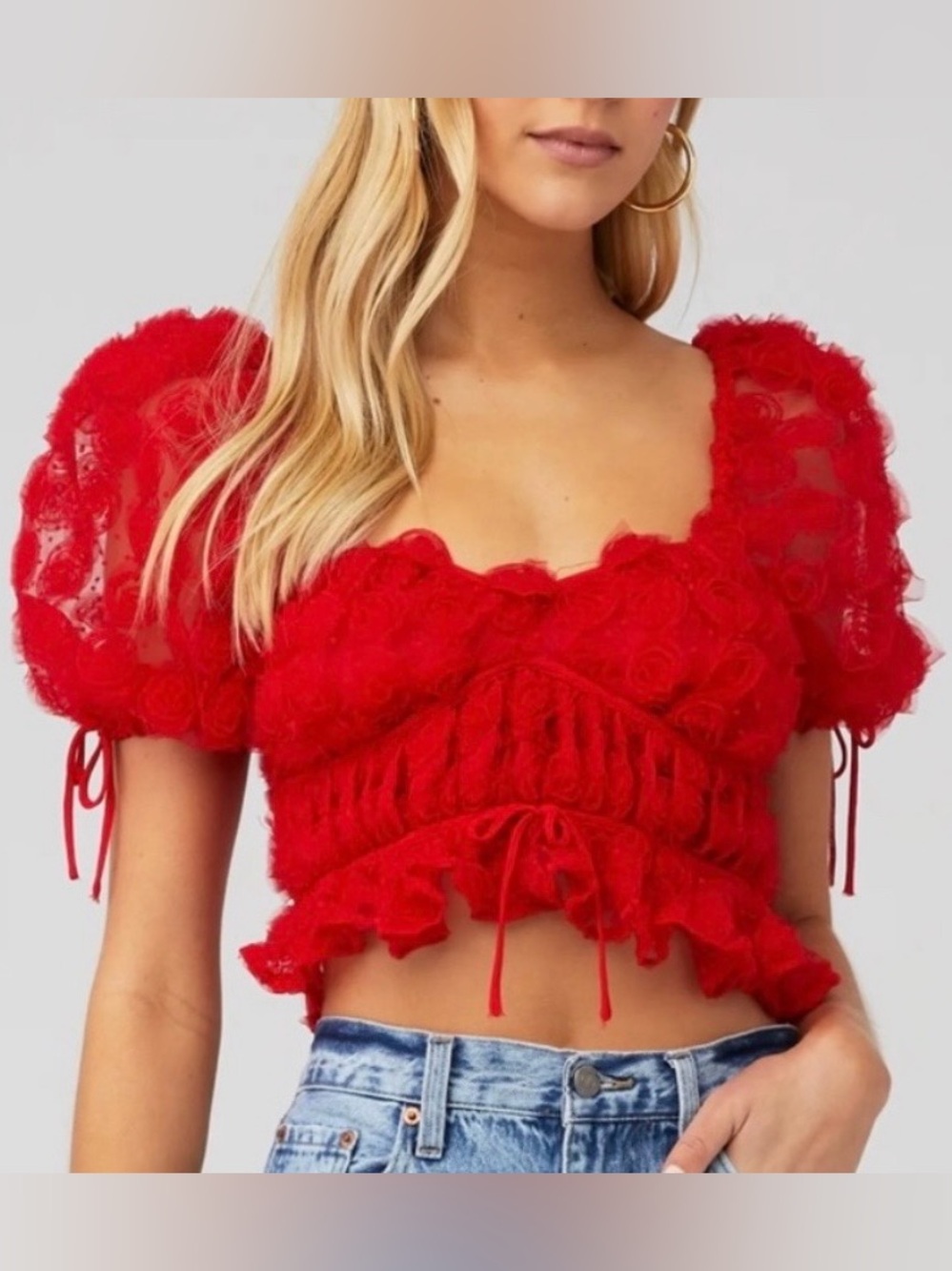 For Love & Lemons Cropped Hannah 3D Red Rose Puff Sleeves Top Size Medium